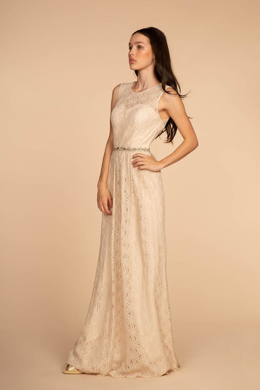 Jewel Embellished Waist Lace Long Mother Of The Bride Dress GLGL2611