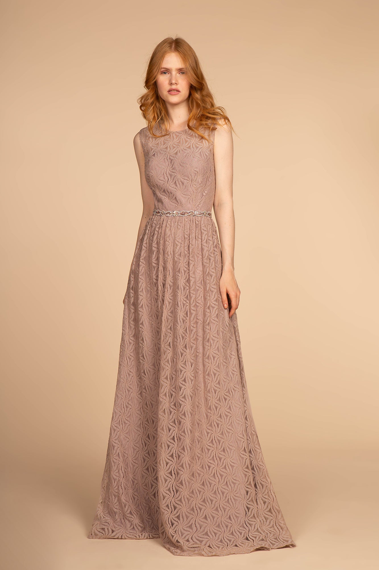 Jewel Embellished Waist Lace Long Mother Of The Bride Dress GLGL2611