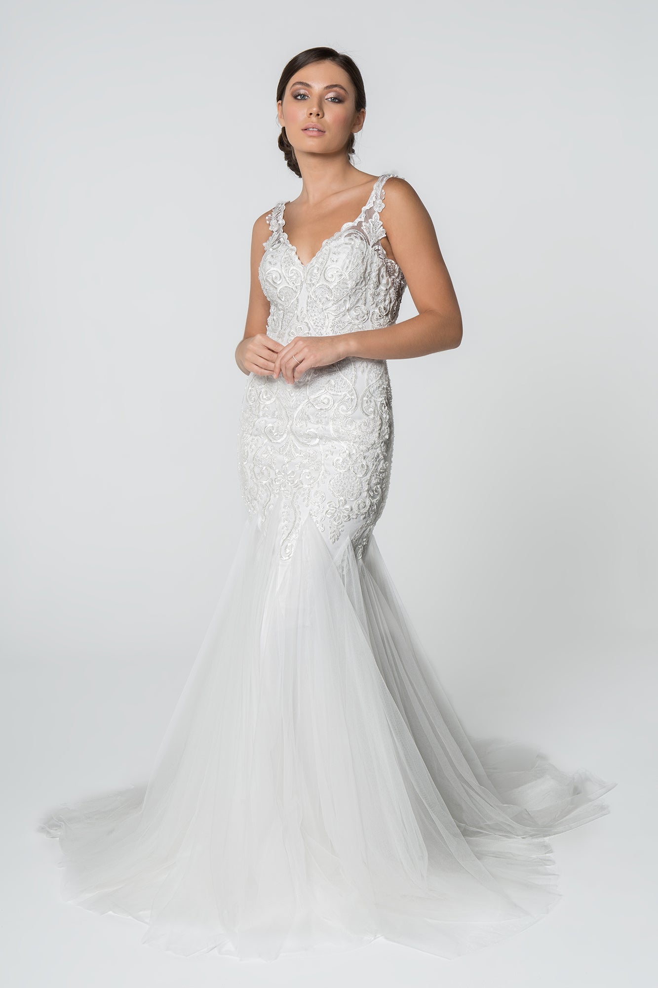 Embroidered Bodice V-Neck Mermaid w/ Mesh Tail Long Wedding Dress GLGL2815-0