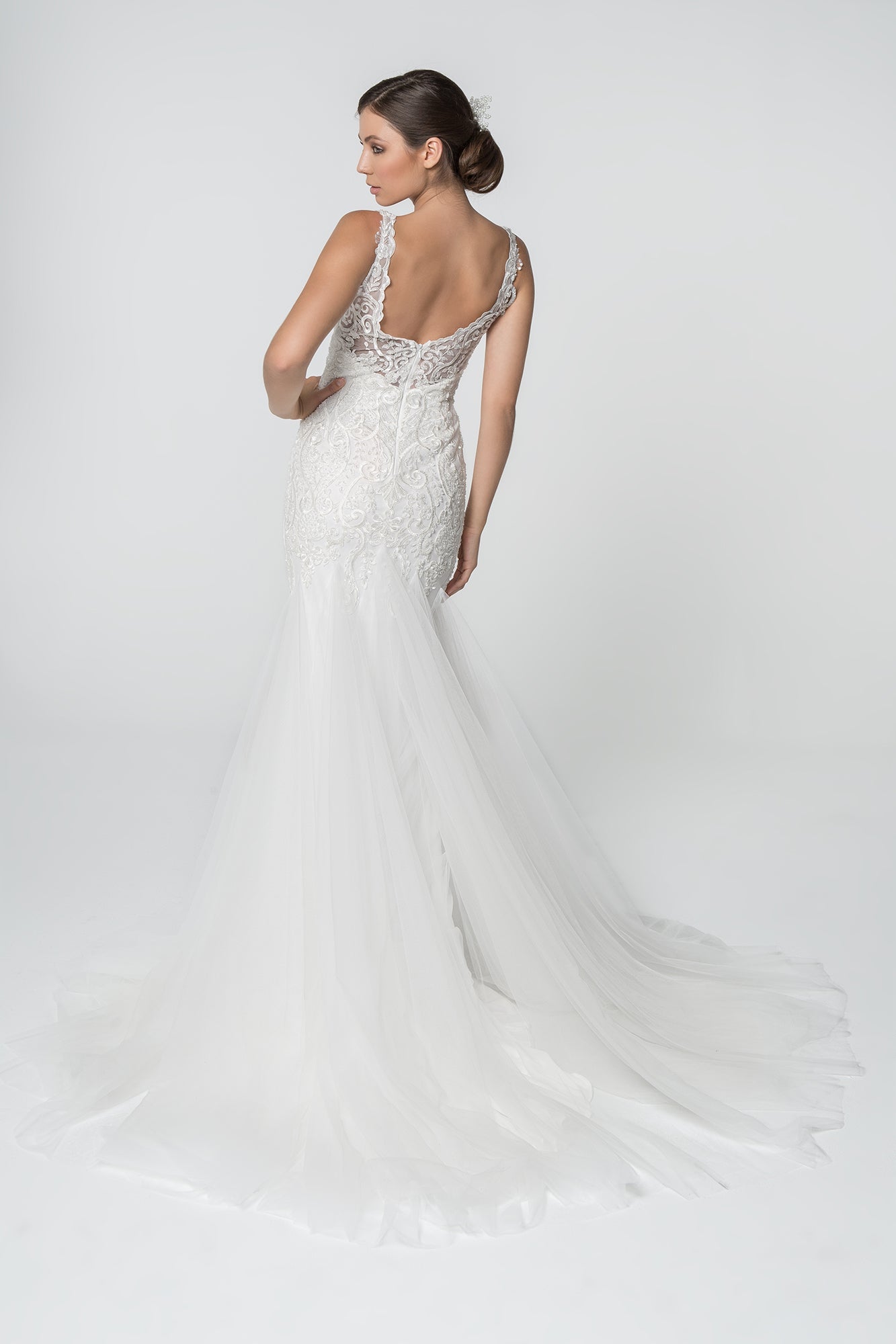 Embroidered Bodice V-Neck Mermaid w/ Mesh Tail Long Wedding Dress GLGL2815-1