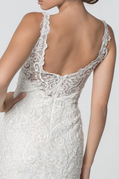 Embroidered Bodice V-Neck Mermaid w/ Mesh Tail Long Wedding Dress GLGL2815-3