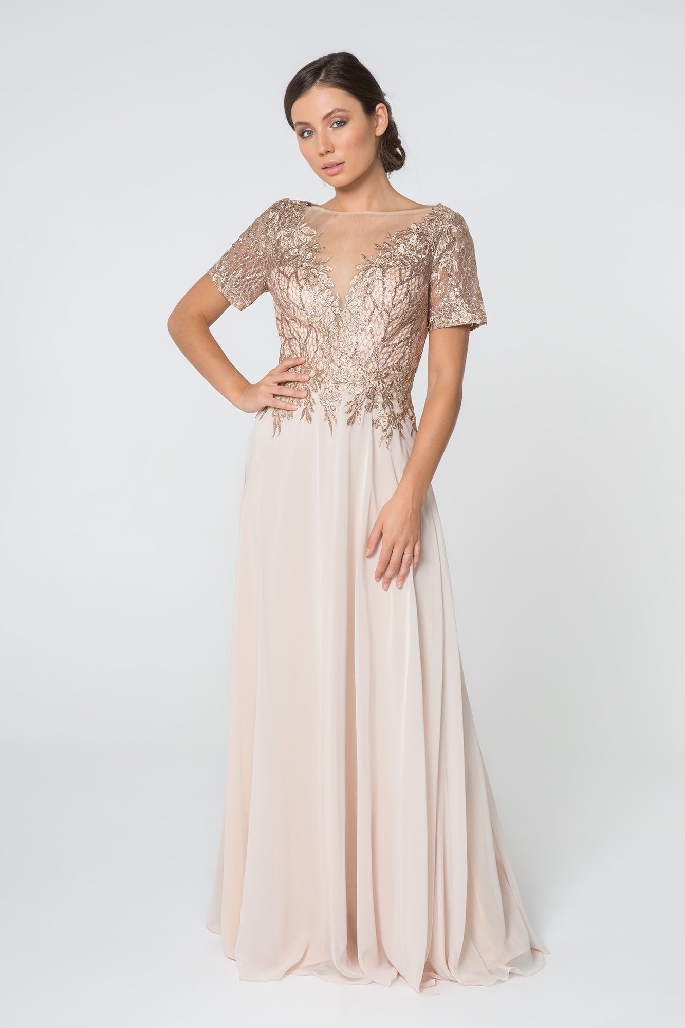 Lace Embellished Illusion V-Neck Long Mother Of The Bride Dress GLGL2826-4