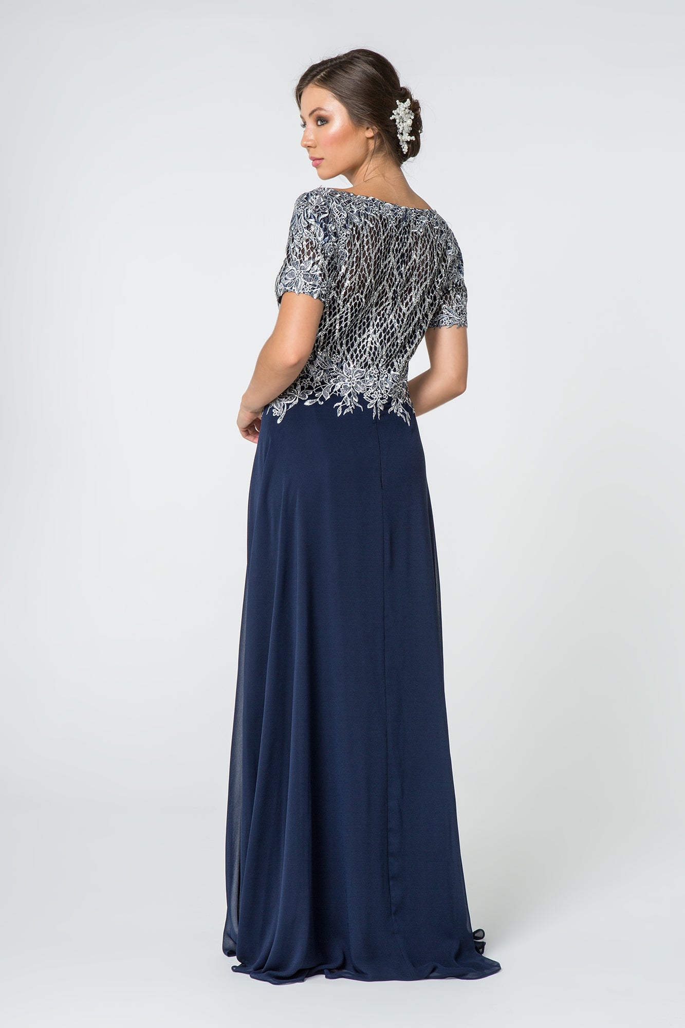 Lace Embellished Illusion V-Neck Long Mother Of The Bride Dress GLGL2826-1