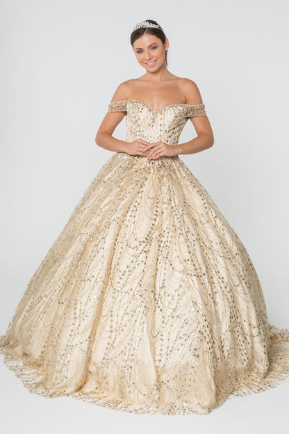 Sweetheart Neck Cut-Away Shoulder Glitter Mesh Long Ball Dress GLGL2831-2