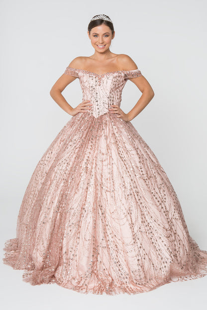 Sweetheart Neck Cut-Away Shoulder Glitter Mesh Long Ball Dress GLGL2831-0