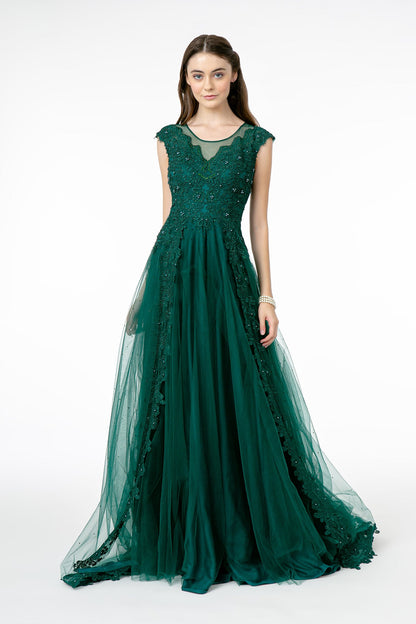 Embroidered Mesh A-Line w/ Sheer Back Long Prom Dress GLGL2882-2