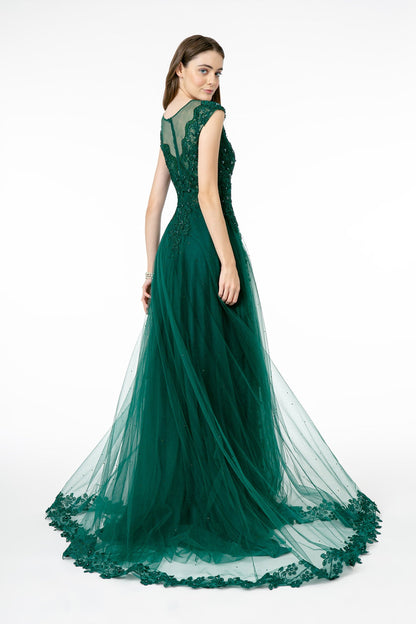 Embroidered Mesh A-Line w/ Sheer Back Long Prom Dress GLGL2882-3