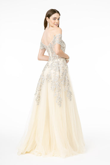 Embroidered Mesh A-Line w/ V-Back Long Prom Dress GLGL2885-1