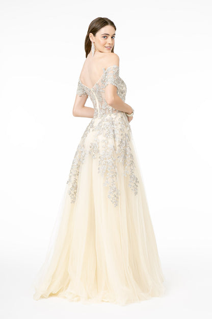 Embroidered Mesh A-Line w/ V-Back Long Prom Dress GLGL2885-1