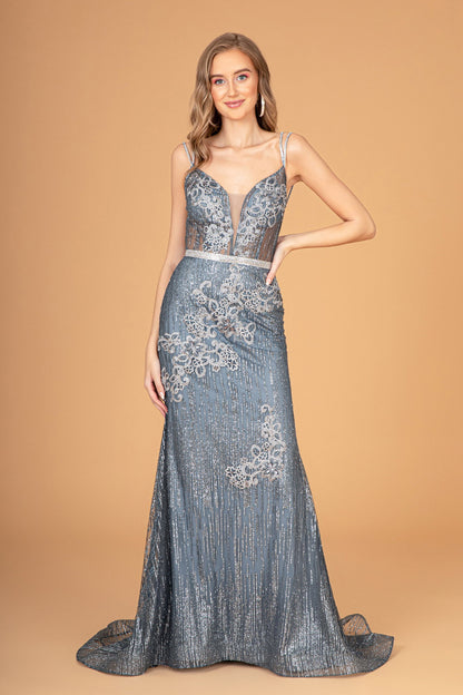 Floral Embroidery Glitter Mesh Mermaid w/ Jeweled Waist Band Long Prom Dress GLGL2889-6