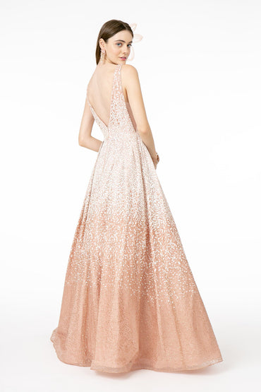 Illusion Deep V-Neck Glitter Tulle A-Line Long Prom Dress GLGL2908-1