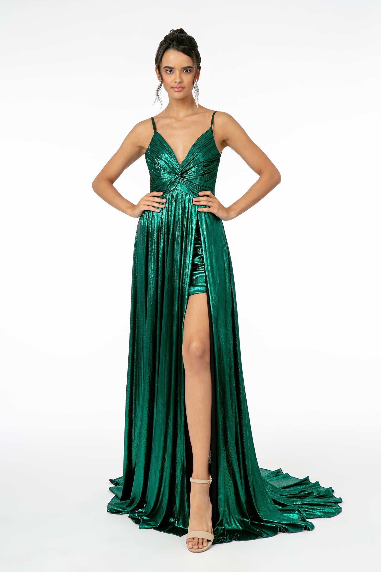 Pleated Bodice Metallic Lame w/ Leg Slit Long Prom Dress GLGL2927-2