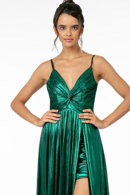 Pleated Bodice Metallic Lame w/ Leg Slit Long Prom Dress GLGL2927-3