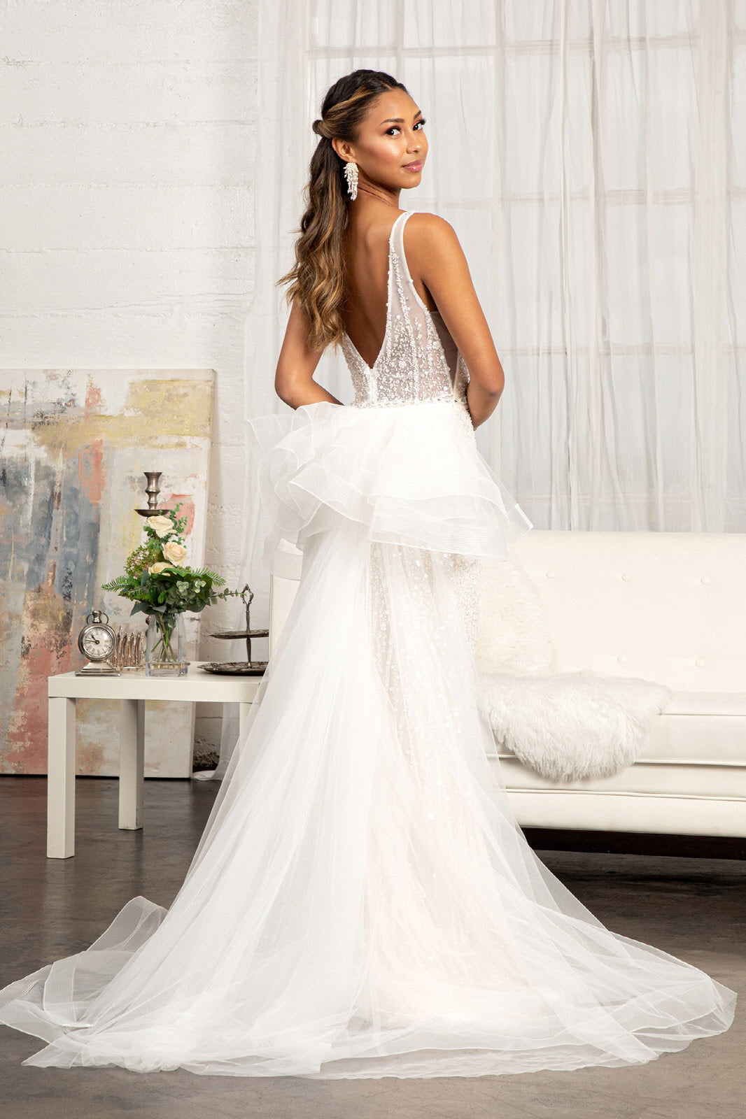 3D Flower Applique Mermaid Mesh w/ Detached Mesh Layer Wedding Dress GLGL3014-1