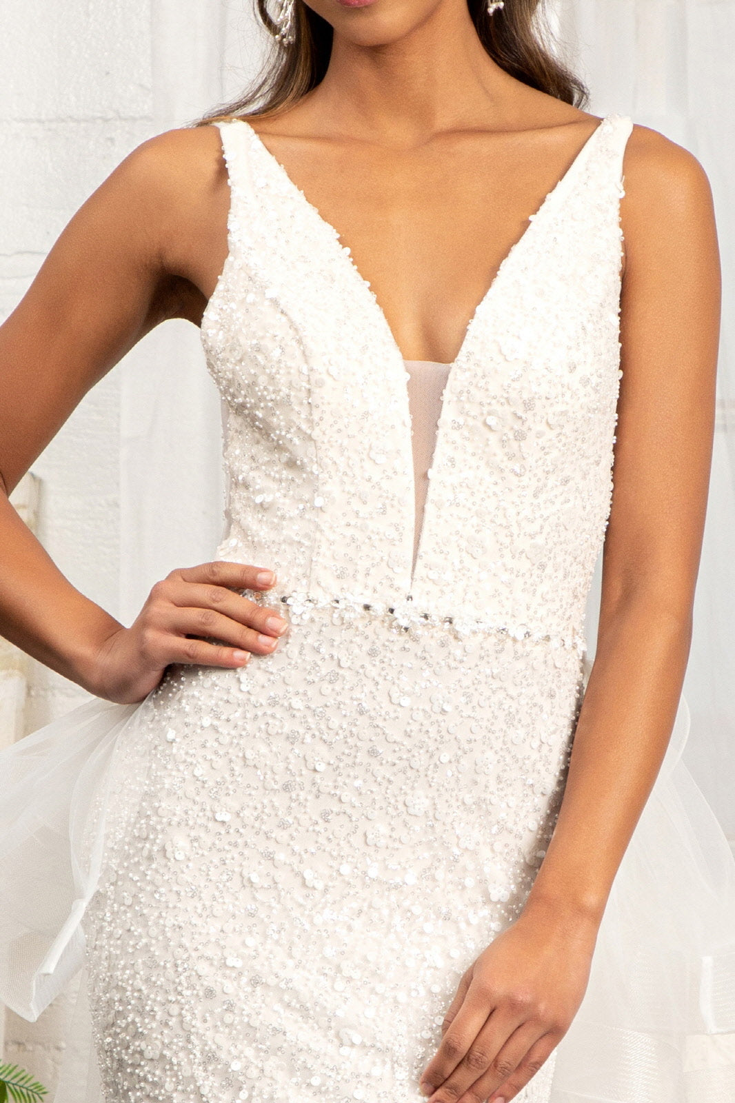 3D Flower Applique Mermaid Mesh w/ Detached Mesh Layer Wedding Dress GLGL3014-3