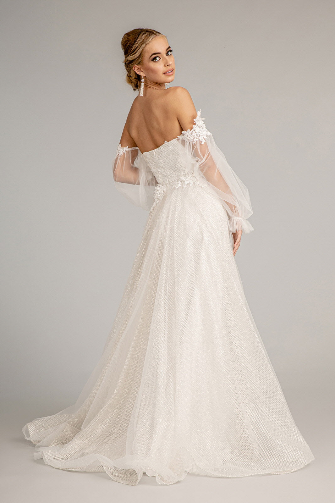 3D Flower Embellished Glitter Netting A-line w/ Detached Long Sleeves Long Prom Dress GLGL3015