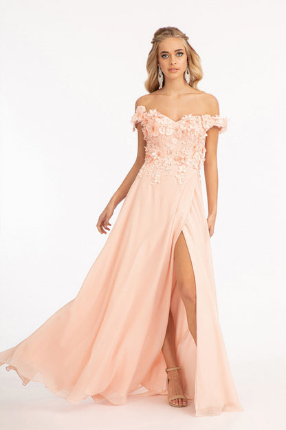 Floral 3D Applique Embellished Bodice A-Line Chiffon Long Prom Dress GLGL3018-6
