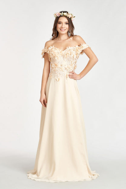 Floral 3D Applique Embellished Bodice A-Line Chiffon Long Prom Dress GLGL3018-7