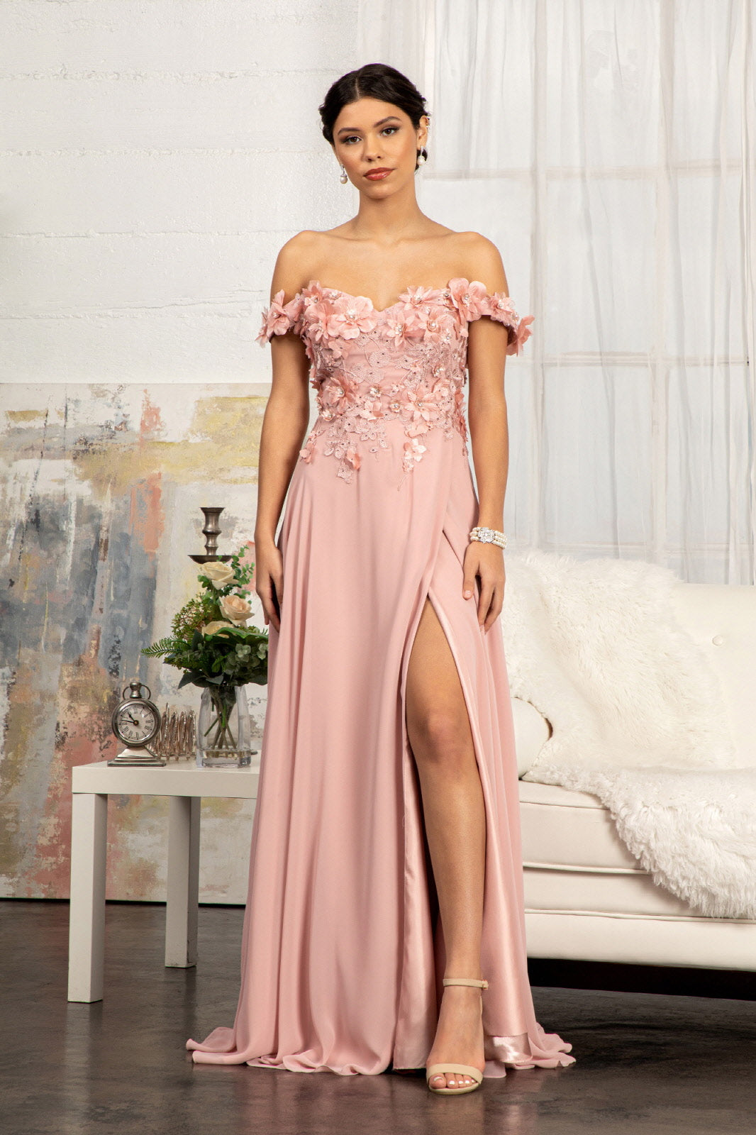 Floral 3D Applique Embellished Bodice A-Line Chiffon Long Prom Dress GLGL3018-5