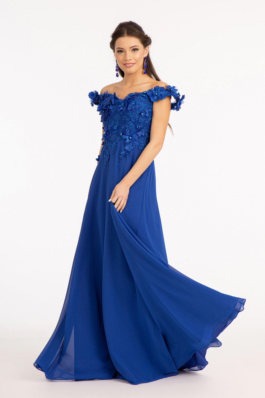 Floral 3D Applique Embellished Bodice A-Line Chiffon Long Prom Dress GLGL3018-8