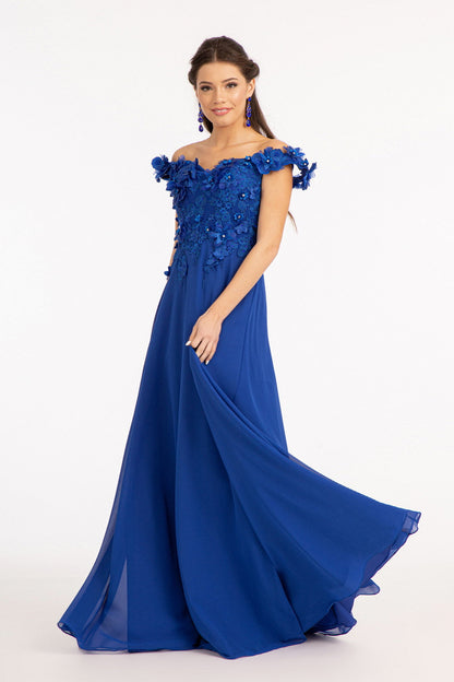 Floral 3D Applique Embellished Bodice A-Line Chiffon Long Prom Dress GLGL3018-8