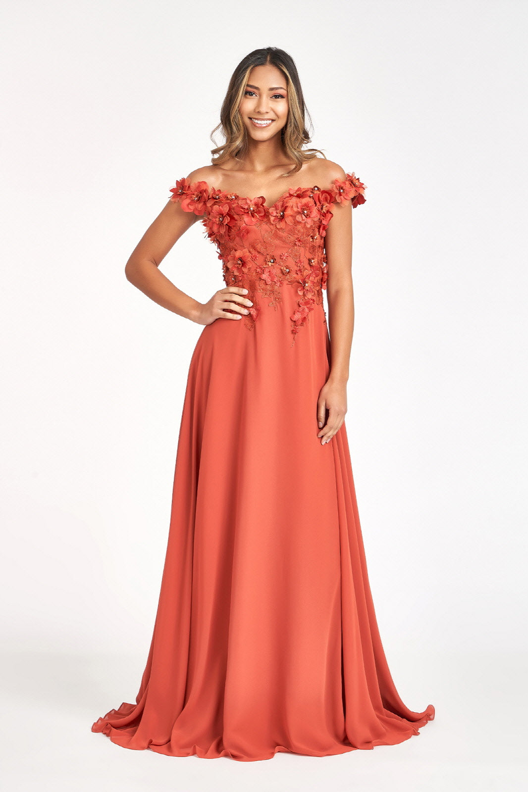 Floral 3D Applique Embellished Bodice A-Line Chiffon Long Prom Dress GLGL3018-0