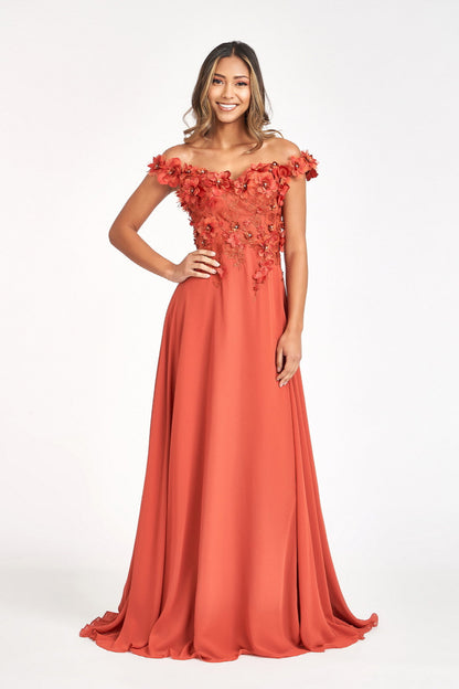 Floral 3D Applique Embellished Bodice A-Line Chiffon Long Prom Dress GLGL3018-0