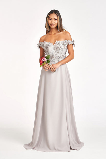 Floral 3D Applique Embellished Bodice A-Line Chiffon Long Prom Dress GLGL3018-10