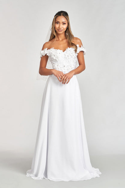 Floral 3D Applique Embellished Bodice A-Line Chiffon Long Prom Dress GLGL3018-1