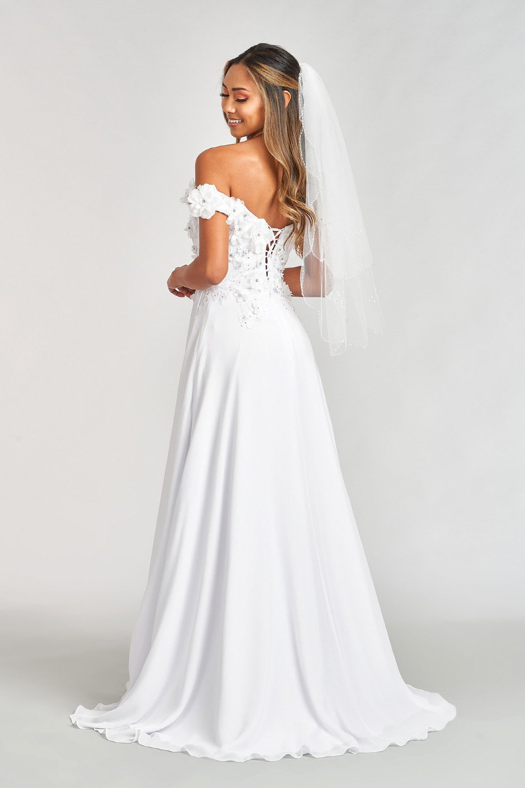 Floral 3D Applique Embellished Bodice A-Line Chiffon Long Prom Dress GLGL3018-2