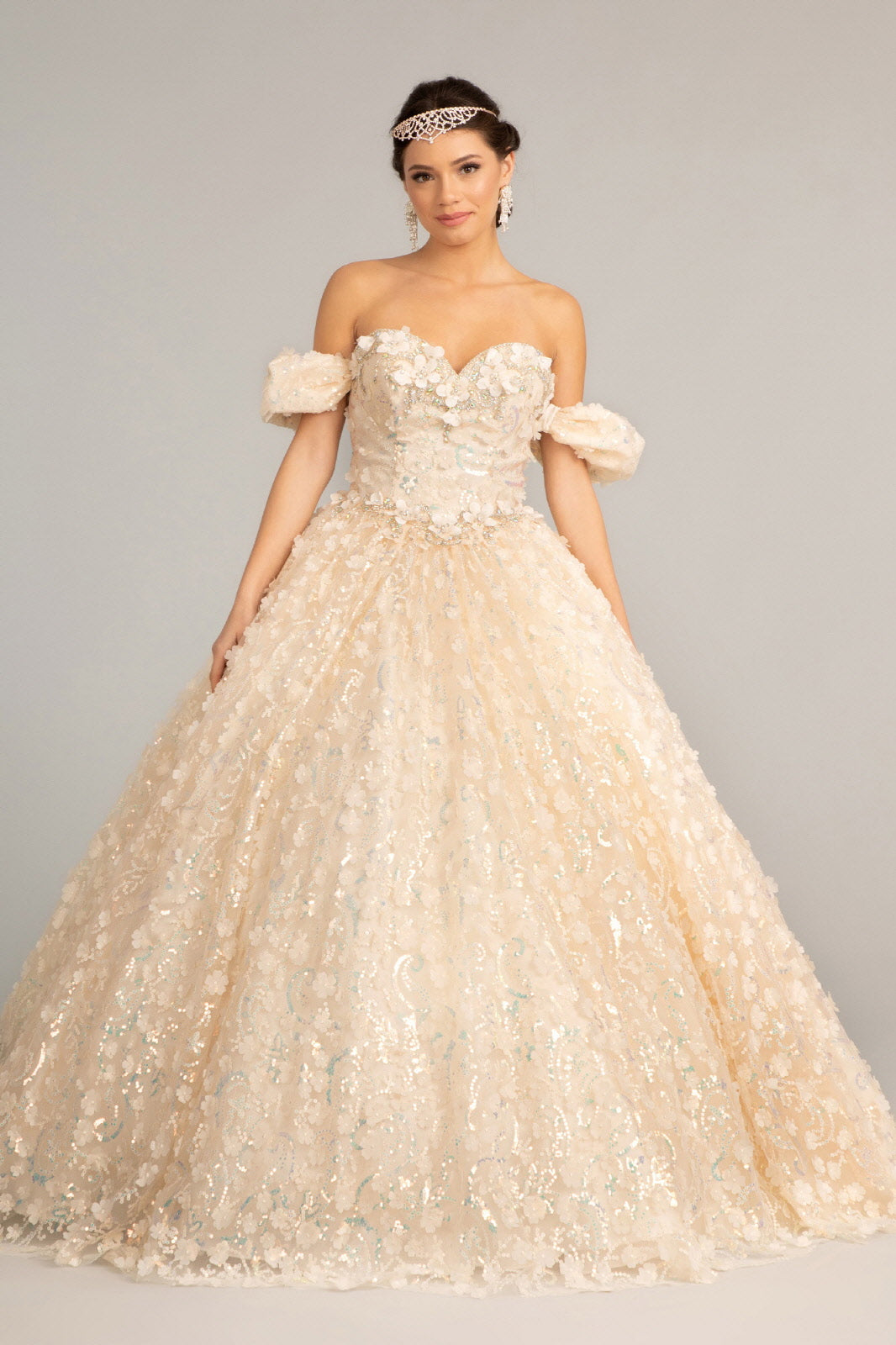 Jewel Embellished Quinceanera Mesh Gown w/ 3D Applique and Corset Bodice GLGL3019-1