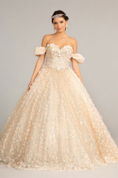 Jewel Embellished Quinceanera Mesh Gown w/ 3D Applique and Corset Bodice GLGL3019-1