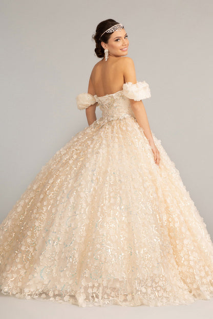 Jewel Embellished Quinceanera Mesh Gown w/ 3D Applique and Corset Bodice GLGL3019-2