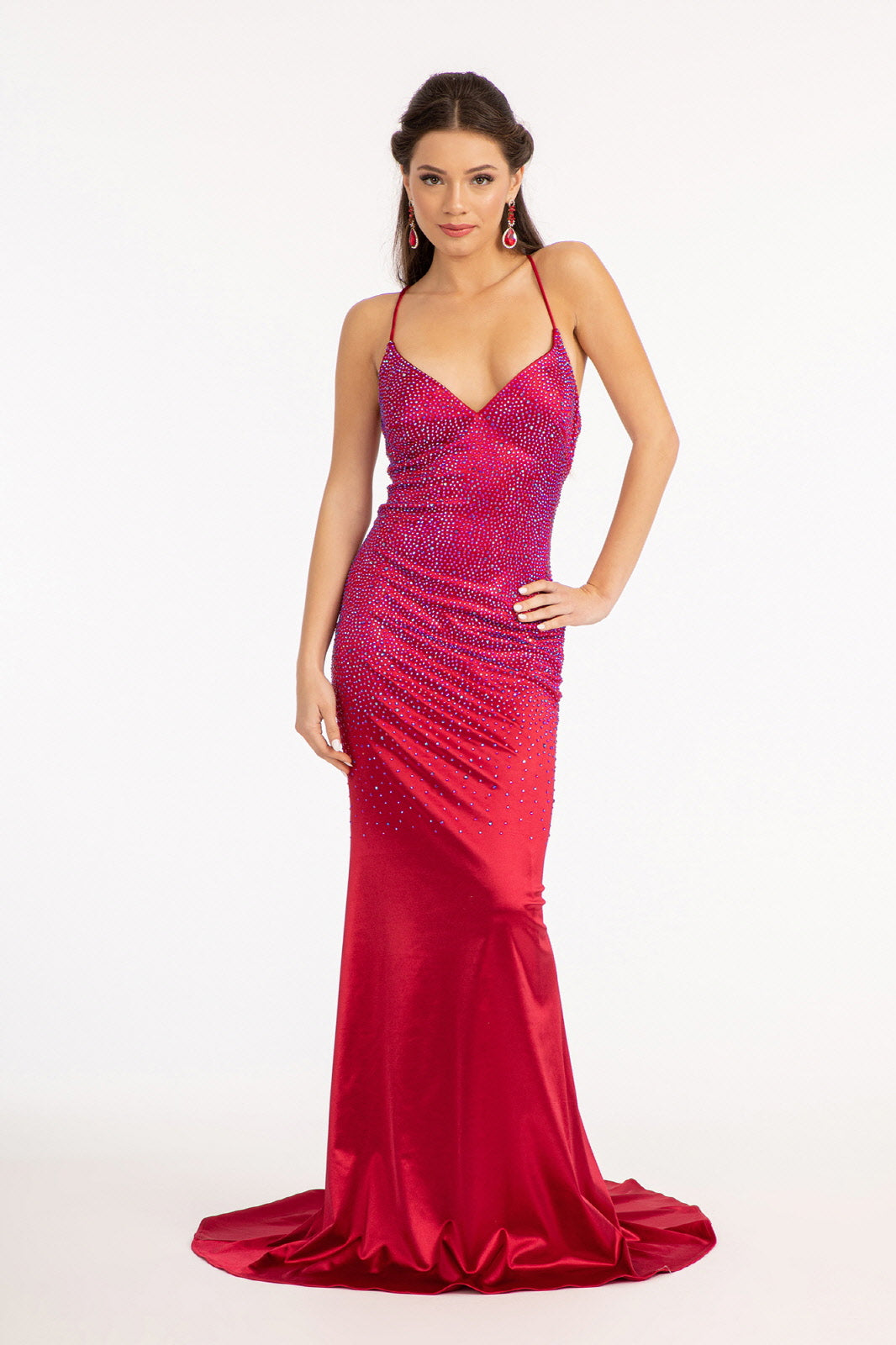 Rhinestones Embellished Long Mermaid Formal Gown w/ Lace Up Back & Thin Straps GLGL3045-1