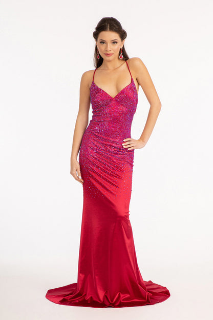 Rhinestones Embellished Long Mermaid Formal Gown w/ Lace Up Back & Thin Straps GLGL3045-1