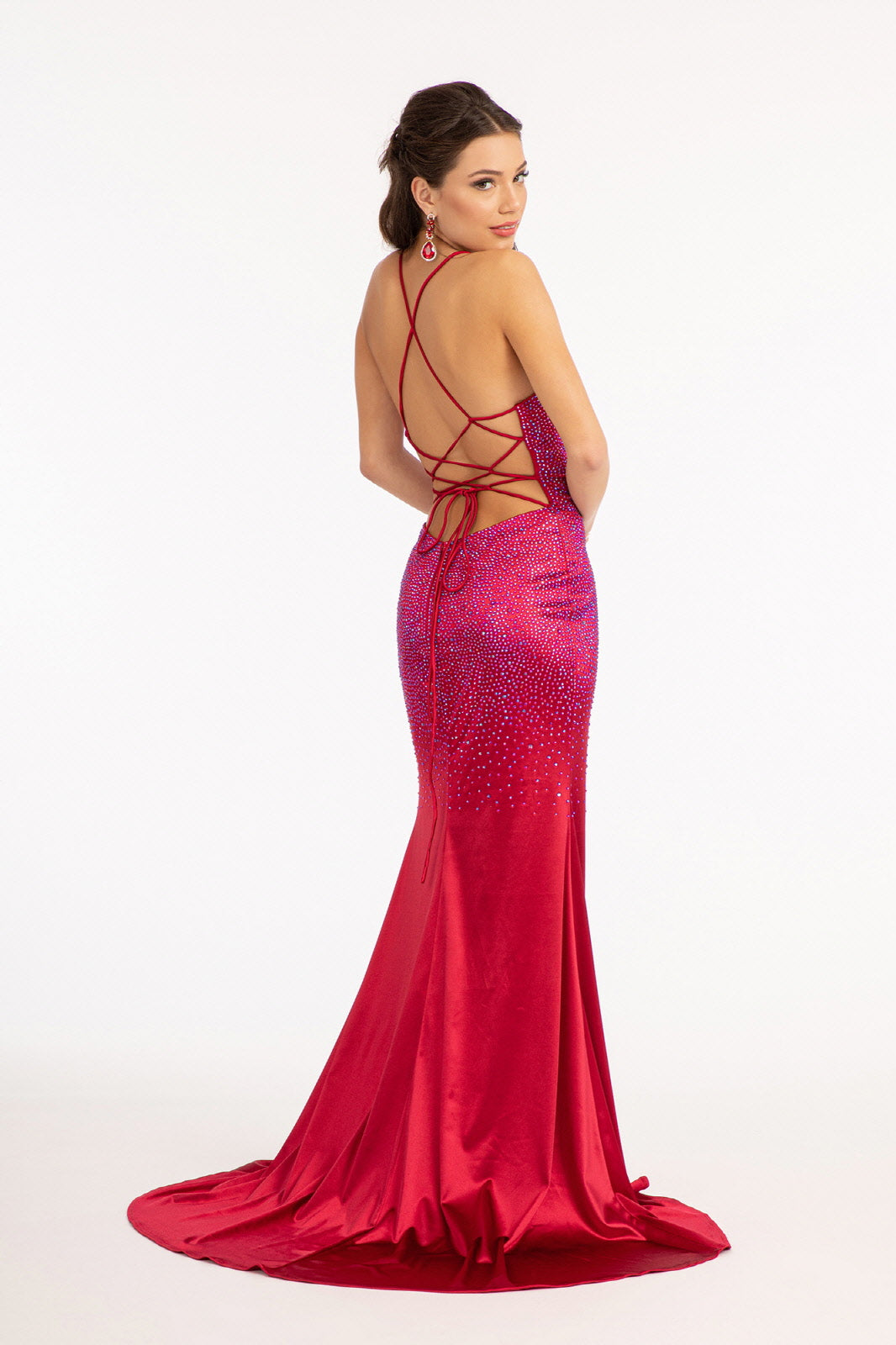 Rhinestones Embellished Long Mermaid Formal Gown w/ Lace Up Back & Thin Straps GLGL3045-2