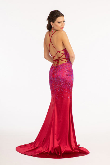 Rhinestones Embellished Long Mermaid Formal Gown w/ Lace Up Back & Thin Straps GLGL3045-2