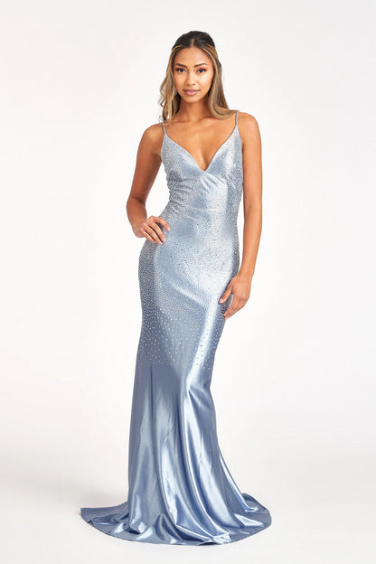 Rhinestones Embellished Long Mermaid Formal Gown w/ Lace Up Back & Thin Straps GLGL3045-4