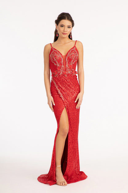 Sequin Embellished Illusion V-neck Mermaid Gown w/ Open V-back & Thin Straps GLGL3053-6