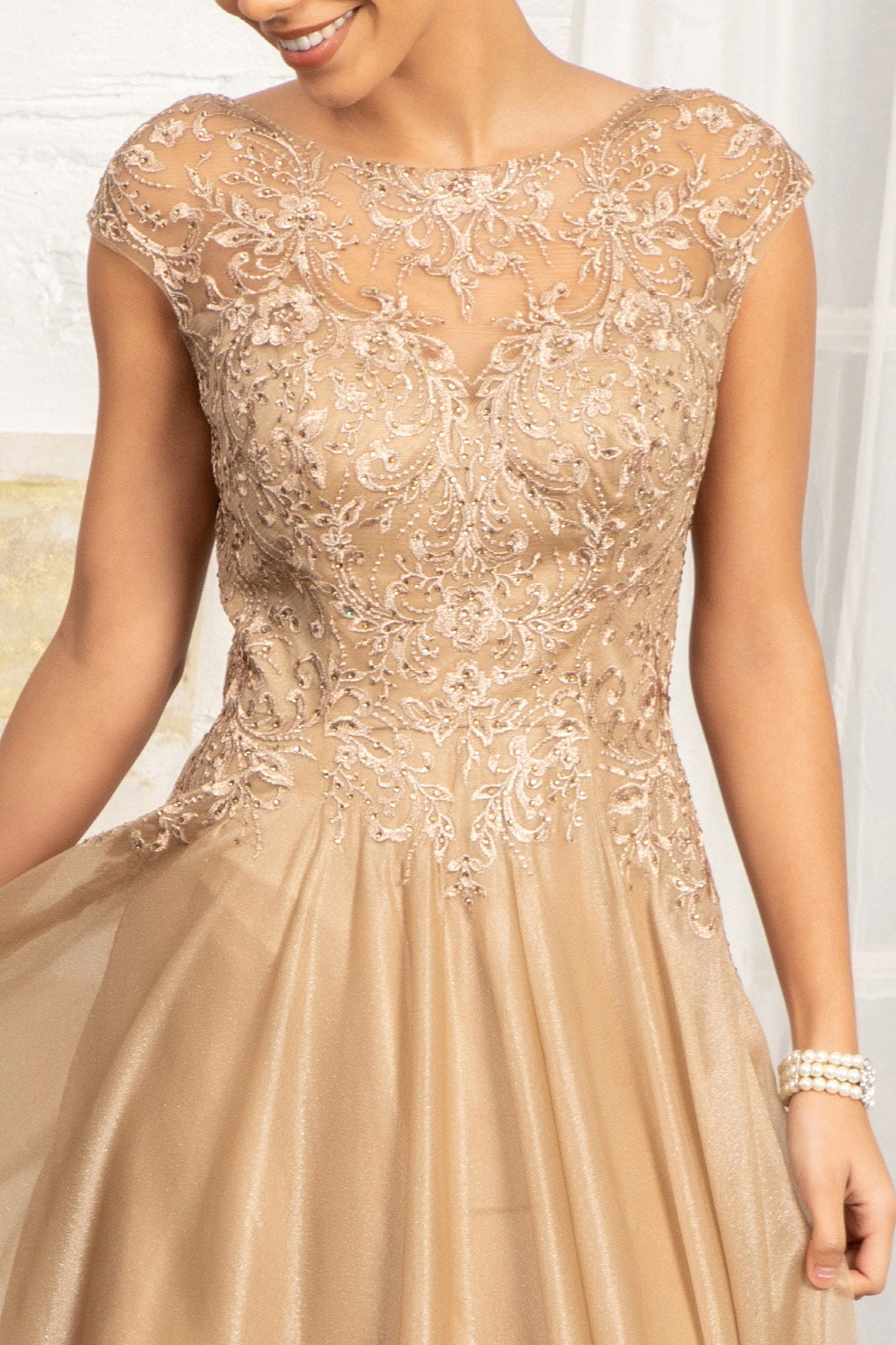 Beads Embellished Embroidered A-line w/ Scoop-Neck Long Mother Of The Bride Dress GLGL3068-4
