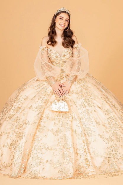 Mesh Long Sleeves w/ Detachable Ribbon and Mini Bag Quinceanera Dress GLGL3071-1