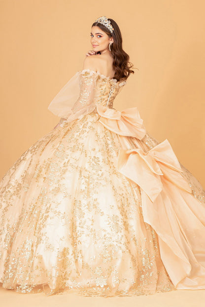 Mesh Long Sleeves w/ Detachable Ribbon and Mini Bag Quinceanera Dress GLGL3071-2
