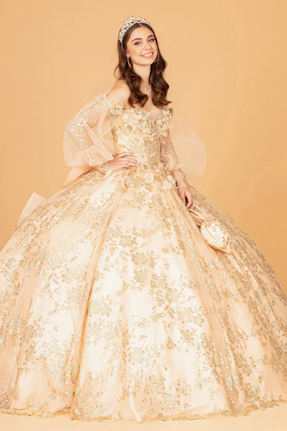 Mesh Long Sleeves w/ Detachable Ribbon and Mini Bag Quinceanera Dress GLGL3071-3