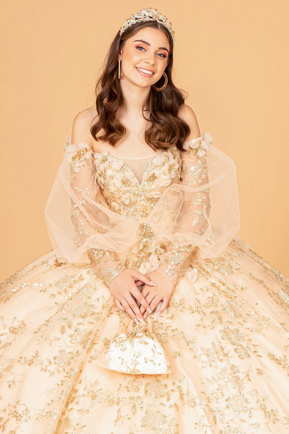 Mesh Long Sleeves w/ Detachable Ribbon and Mini Bag Quinceanera Dress GLGL3071-4