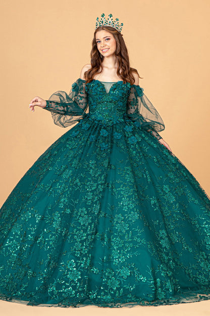 Mesh Long Sleeves w/ Detachable Ribbon and Mini Bag Quinceanera Dress GLGL3071-0