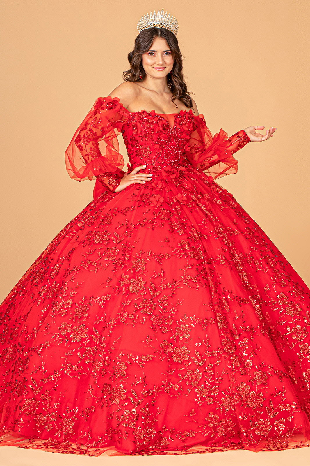 Mesh Long Sleeves w/ Detachable Ribbon and Mini Bag Quinceanera Dress GLGL3071-5