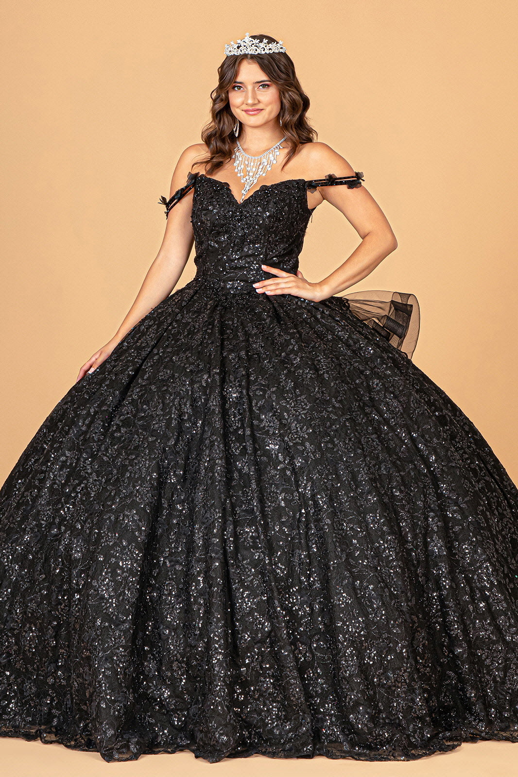 Mesh Detachable Long Sleeves w/ Detachable Ribbon and Ruffled Train Quinceanera Dress GLGL3072-1