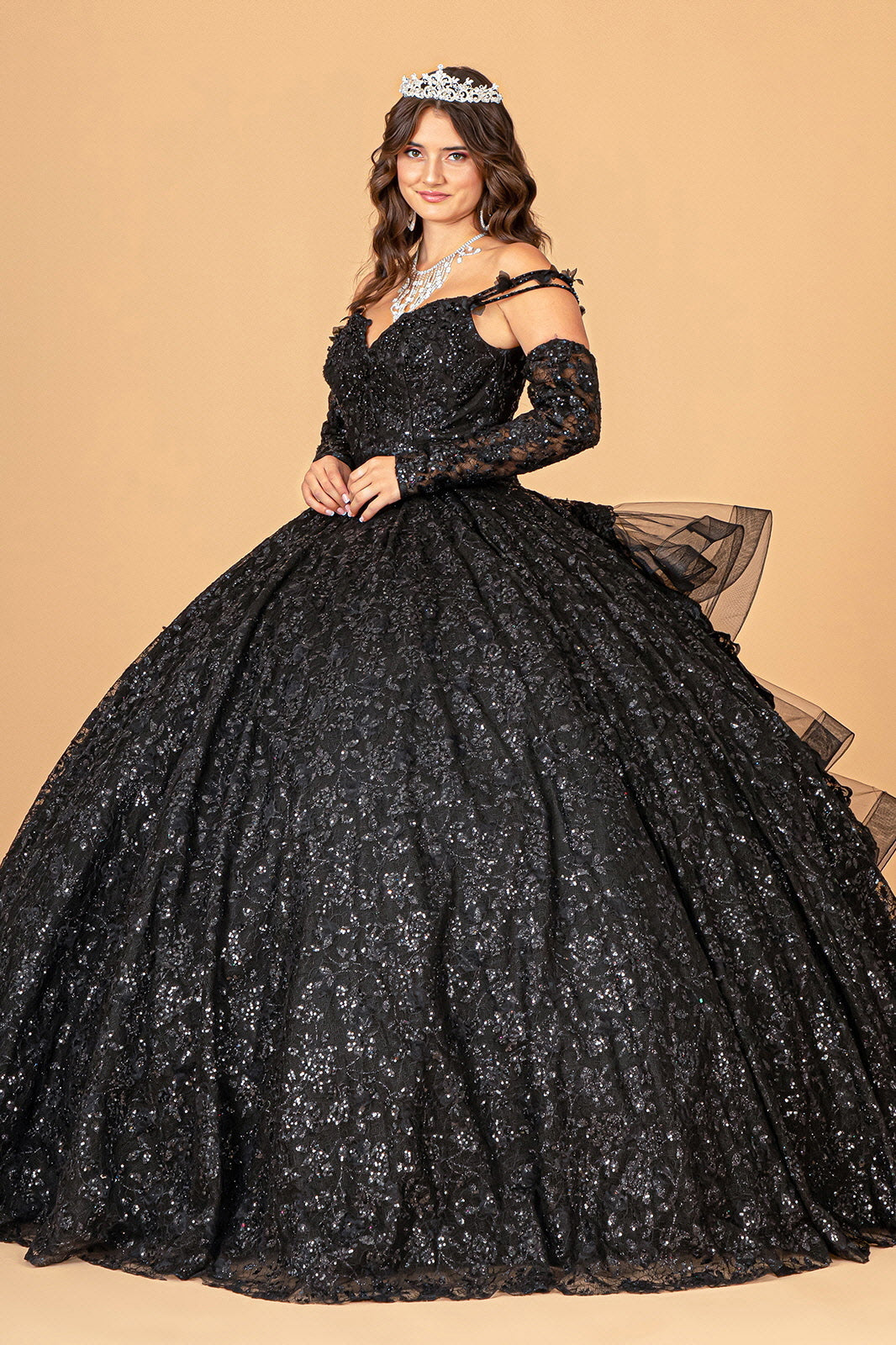 Mesh Detachable Long Sleeves w/ Detachable Ribbon and Ruffled Train Quinceanera Dress GLGL3072-3
