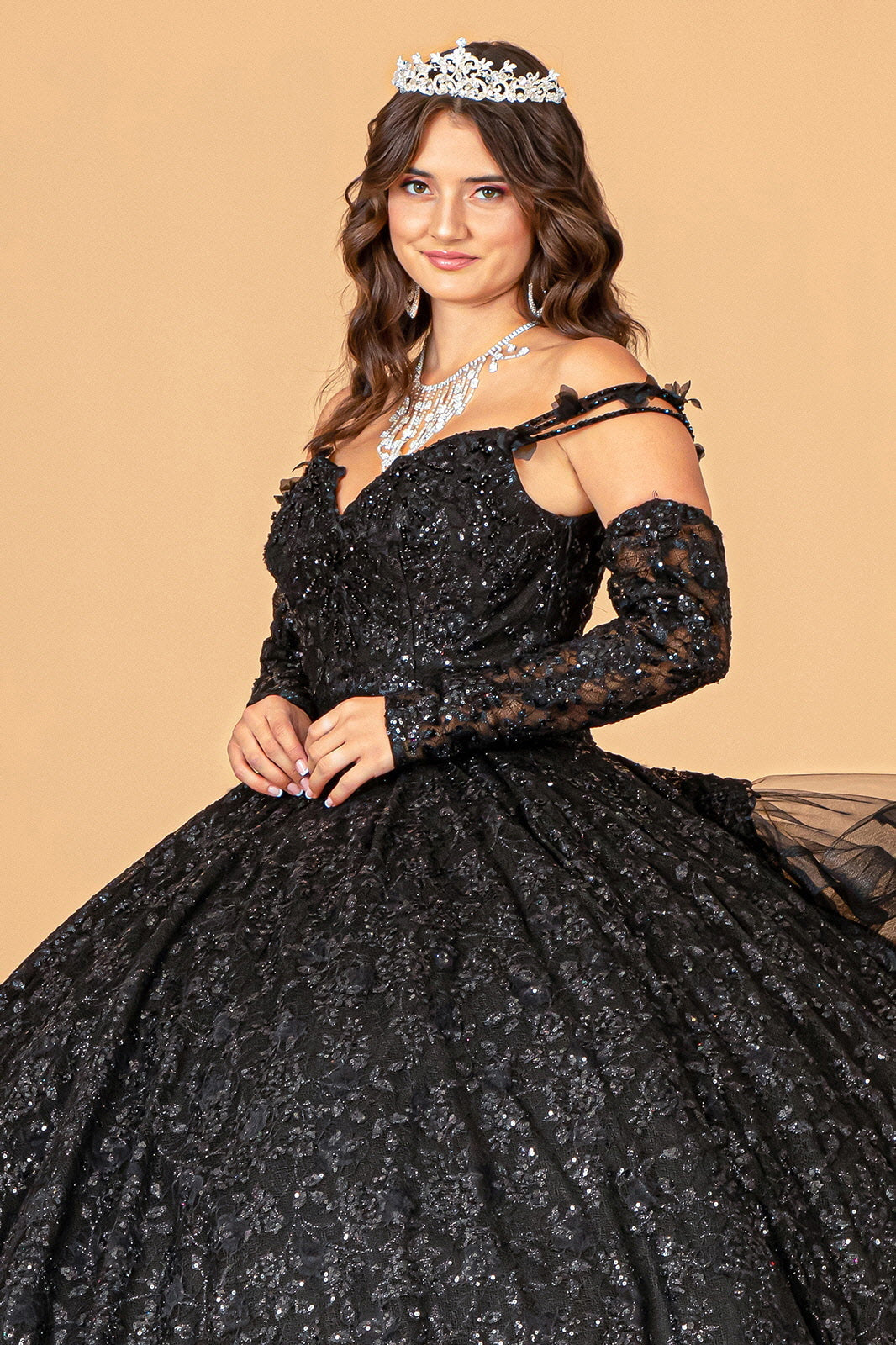 Mesh Detachable Long Sleeves w/ Detachable Ribbon and Ruffled Train Quinceanera Dress GLGL3072-4
