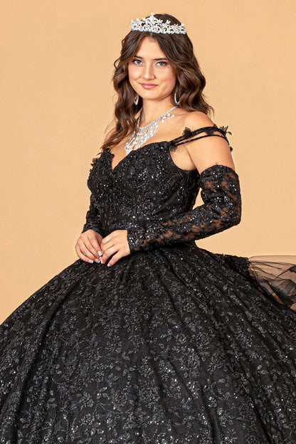 Mesh Detachable Long Sleeves w/ Detachable Ribbon and Ruffled Train Quinceanera Dress GLGL3072-4